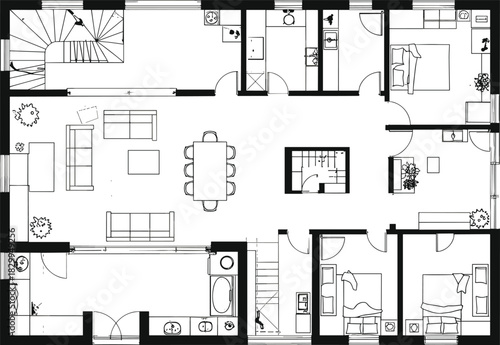 Spacious house floor plan with detailed layout including kitchen, dining area, bedrooms, bathrooms, living room, and staircase for architectural and interior design projects.