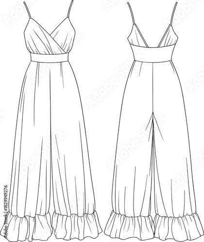 Spaghetti strap ruffle jumpsuit flat sketch, wide leg cad drawing, V-neck fashion design, technical vector illustration, garment template, outline