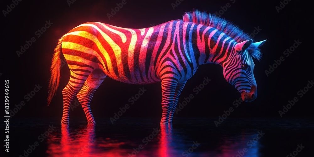 Naklejka premium A striking image of a zebra immersed in water, its distinctive black and white stripes dramatically illuminated with vibrant red and blue hues, creating a surreal and captivating effect.