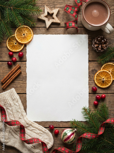 Festive Christmas still life with blank paper, decorations, and hot cocoa