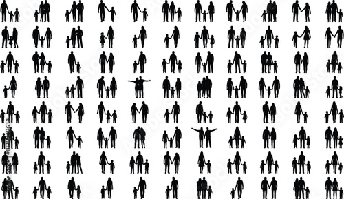 Large Collection of Black Silhouette Family and Couple Groups Walking and Standing Together, Representing Parenthood, Childhood, Love, and Human Relationships