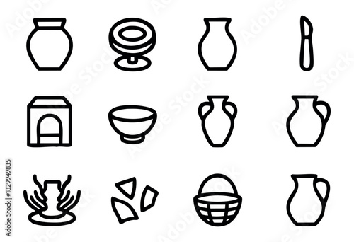 Pottery & Archeology line icons — ancient ceramics, pottery tools, and historical artifact symbols — stock vector.