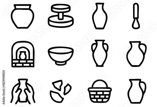 Pottery & Archeology line icons — ancient ceramics, pottery tools, and historical artifact symbols — stock vector.