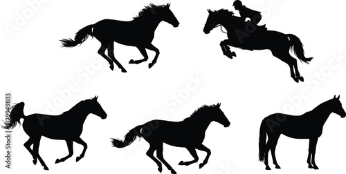 Set of Black Silhouette Horse Figures in Various Poses Galloping, Running, Standing, and Jumping with a Jockey, Representing Equestrian Sport and Racing