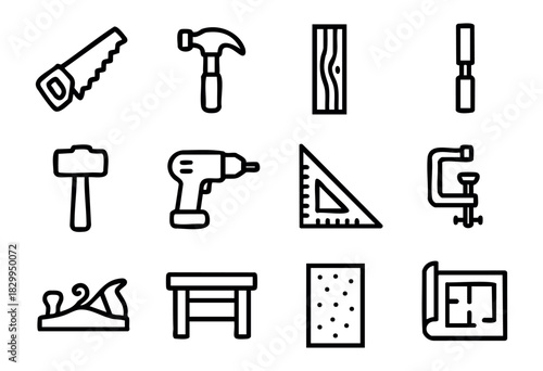 Woodworking & Carpentry line icons — construction tools, woodcraft equipment, and building supplies — stock vector.