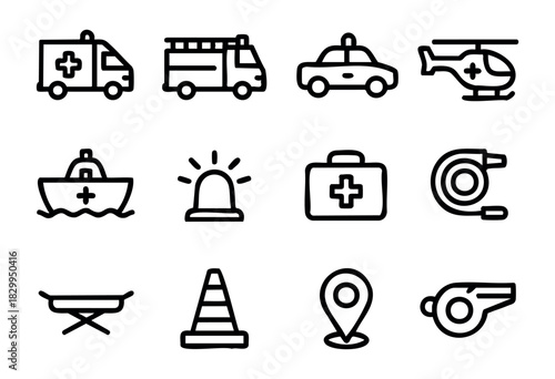Emergency Services line icons — rescue vehicles, medical aid, and public safety symbols — stock vector.