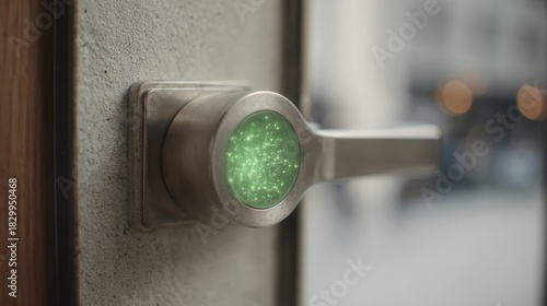 Fototapeta Naklejka Na Ścianę i Meble -  Close-up of a door handle on a wooden door. the handle is made of metal and has a round, silver-colored knob with a green glow in the center.