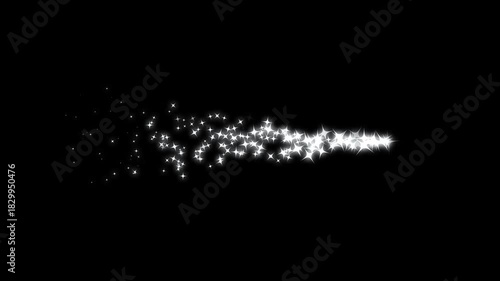 Smooth twinkling star glitter line animation with glowing white particles, magical sparkle dust, fairy doodle stars, and a shimmering starlight trail on a black screen background in vibrant 4K.
