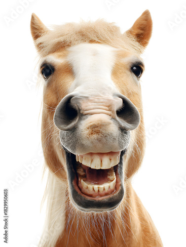 Happy horse with a big smile against a white background