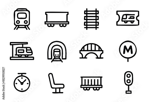 Train & Railway doodle icons — public transport, subway, and railroad travel symbols — stock vector.