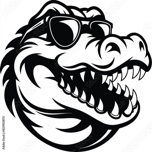 Cool black and white alligator head sporting sunglasses showcases its teeth in style