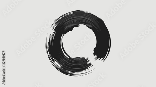 A black enso circle brush stroke on a white background creating a sense of minimalism and zen art