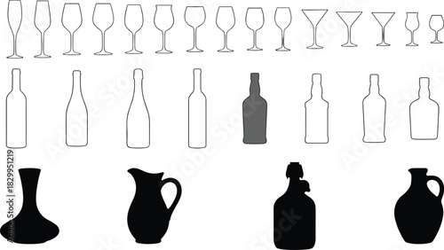 Comprehensive outline icon set featuring various glassware, wine glasses, decanters, and liquor bottles, perfect for menu design, bar graphics, alcohol themes, vector illustrations.
