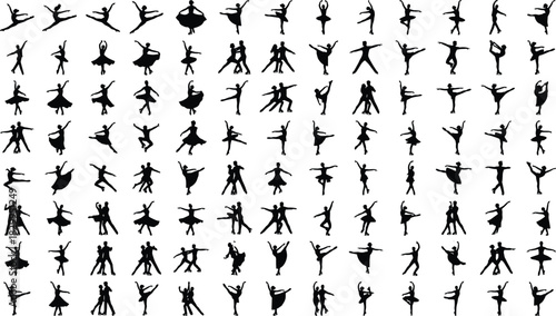 Black Silhouette Collection of Elegant Ballet and Ballroom Dancers Posing in Various Dynamic, Classical, and Modern Artistic Movements, Isolated on White Background