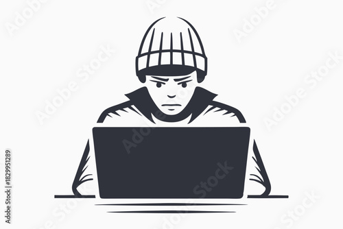 Dark silhouette depicts a figure wearing a cap and typing on a keyboard