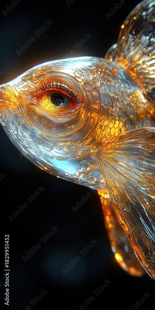 Naklejka premium A striking close-up photograph of an abstract fish featuring luminous, warm-colored scales set against a deep black background. Evokes a sense of mystery and ethereal beauty.