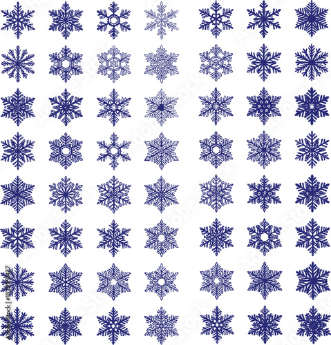 Large compilation of 70 unique, hand-drawn vector indigo blue snowflake icons, ideal for creating winter holiday backgrounds, Christmas banners, decorative patterns.