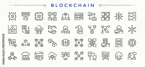 Blockchain icon set. It contains symbols to chain, coin, tech, fin, network and more. Fin linear icon collection. Thin icons set. Editable vector art.