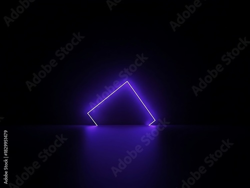 Glowing purple neon square frame leaning on dark reflective floor