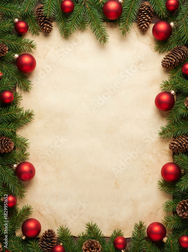 Christmas background with ornaments, pine branches, and copy space for holiday greetings