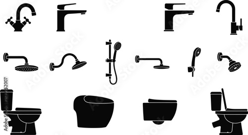 Black Silhouette Icon Set of Bathroom Fixtures Modern Faucets, Shower Heads, and Toilets, Representing Plumbing, Sanitation, and Home Interior Design Elements