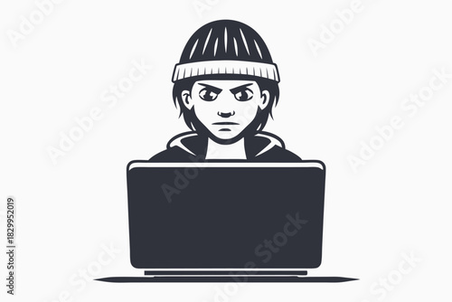 Dark silhouette shows a man wearing a beanie typing on a keyboard maliciously