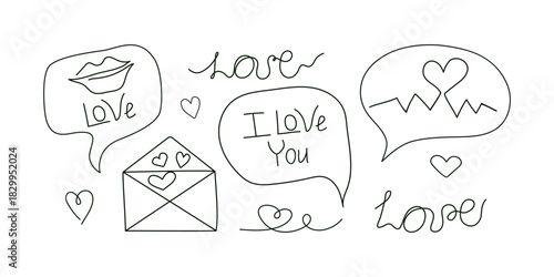 Hearts, speech bubbles with declarations of love. Phrases, I love you. Envelope, handwritten lettering. Love. Doodles,  drawings. Holiday design for Valentine's Day, wedding. Hand-drawn linear icons