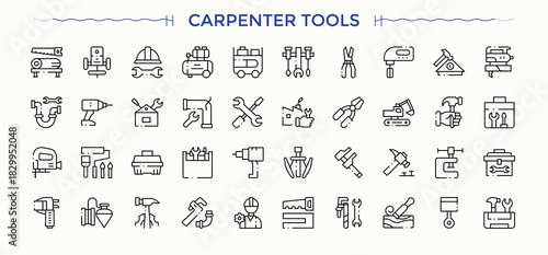 Carpenter Tools icon pack. Outline icons collection. Carpentry icon set in linear style. Includes symbols for craft, wood craft, tool, carpenter, handyman, tools and more.