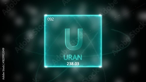 Uranium as Element 92 of the Periodic Table. Seamlessly looping 3D animation on blue illuminated atom design background orbiting electrons name, atomic weight element number in German language