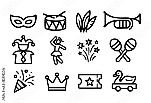 Carnival & Festival line icons — parade, party, and celebration symbols — stock vector.