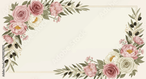 Elegant Watercolor Floral Corner Frame Design with Roses and Leaves