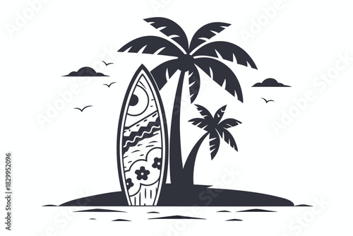 Dark surfboard stands near palm trees on the island with flying birds around the clouds