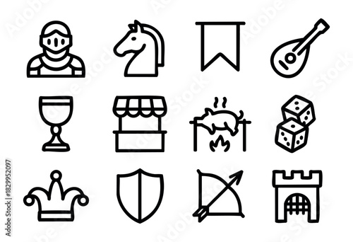 Medieval & Renaissance Faire line icons — knight, castle, and historical festival symbols — stock vector.
