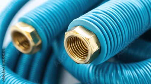 Blue corrugated flexible hoses with brass fittings, industrial plumbing connection pipes