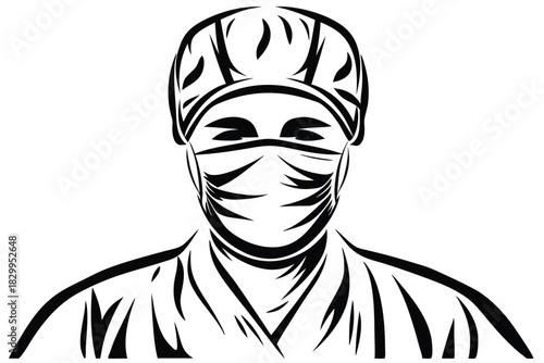 Doctor is wearing a cap and face mask with bold black outlines