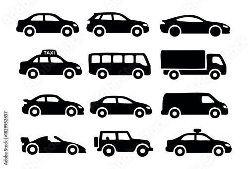 Car Silhouettes icon set — various types of automobile and vehicle icons — stock vector.