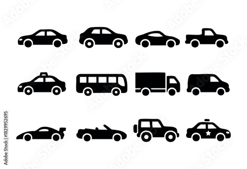 Car Silhouettes icon set — various types of automobile and vehicle icons — stock vector.