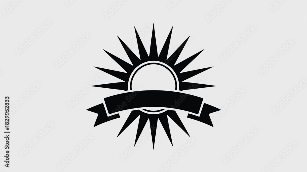 Naklejka premium A black and white emblem featuring a sunburst design and a banner across the center of the image