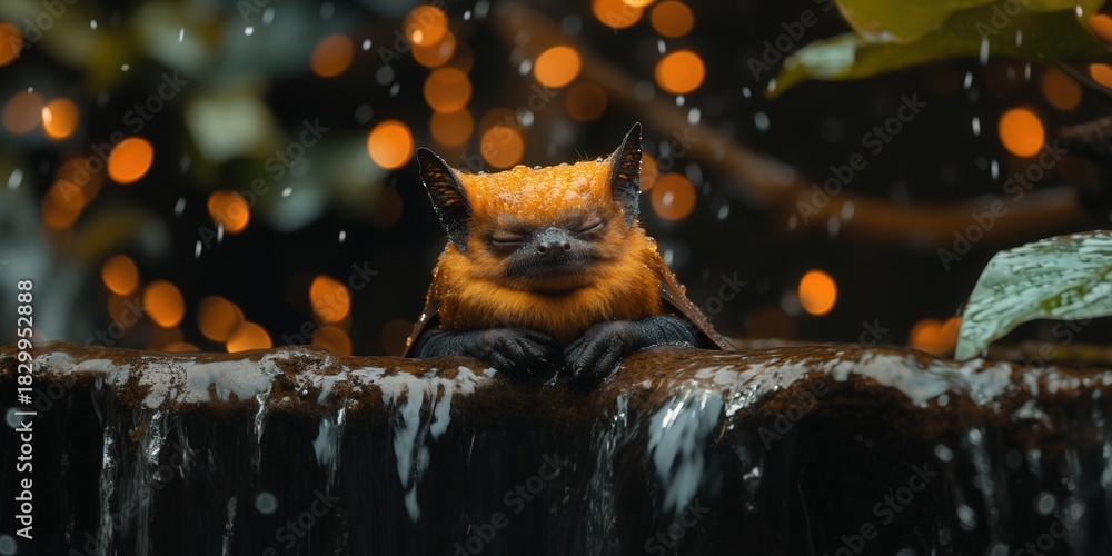 Obraz premium A majestic fox with vibrant orange fur perches on a rocky ledge within a dark, atmospheric forest at night. The scene evokes a sense of wilderness and nocturnal beauty.