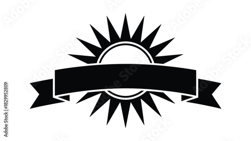 A black and white graphic of a sunburst with a banner across it on a white isolated background