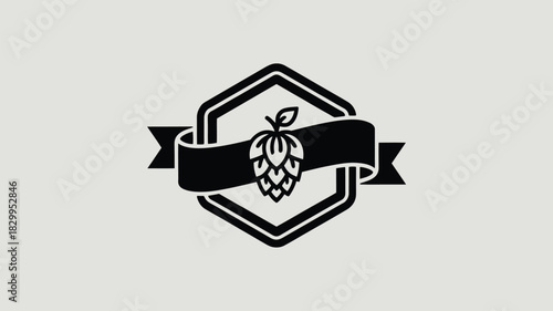 A stylized hop cone inside a hexagon shape with a banner wrapped around it in a black and white style