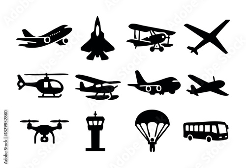 Aircraft Silhouettes icon set — various types of airplanes, helicopters, and flying vehicle icons — stock vector.