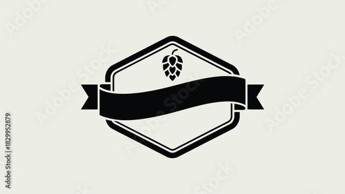 A black and white emblem featuring a hop cone and a banner on a light background design element