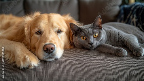Wallpaper Mural A golden retriever and a gray cat peacefully rest side-by-side on a comfortable couch, showcasing a heartwarming friendship. Torontodigital.ca
