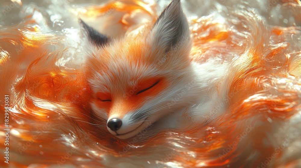 Obraz premium A majestic fox rests peacefully within a mesmerizing sea of vibrant orange flames. The scene evokes warmth, tranquility, and the raw beauty of nature.