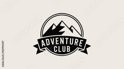 A black and white logo featuring mountains inside a circle with adventure club on a banner below it