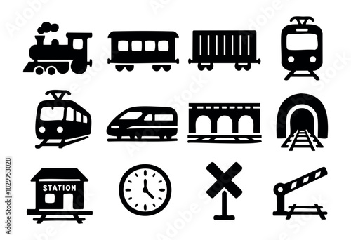 Train & Railway Silhouette icon set — various trains, trams, and railroad symbols — stock vector.