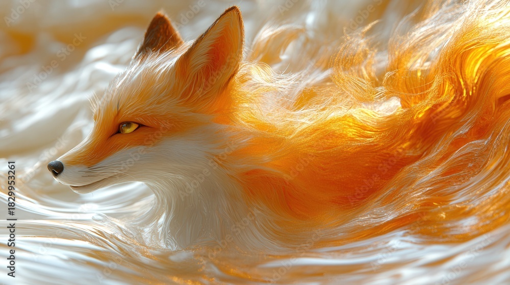 Naklejka premium A majestic fox with a vibrant, glowing orange mane emerges from the water, creating a surreal and captivating scene. The reflection adds to the mystical atmosphere.
