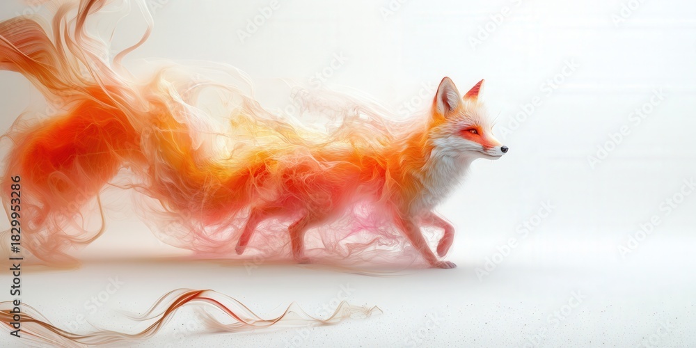 Obraz premium A dynamic photograph of a fox with a fiery mane and tail, presented against a white background to create an abstract art piece. Evokes energy, movement, and a sense of wildness.