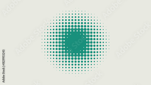A green halftone pattern with varying dot sizes arranged in a circular shape on a light background